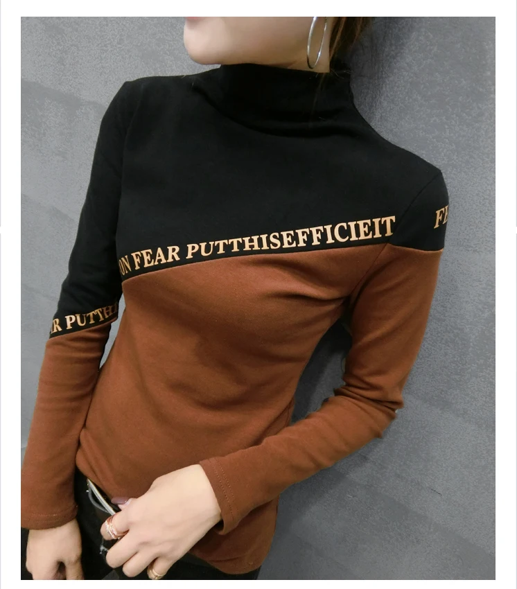 Корейский стиль, лоскутные буквы контрастного цвета футболки женские осень зима с флисовым топом облегающая блузка с длинным рукавом T90014