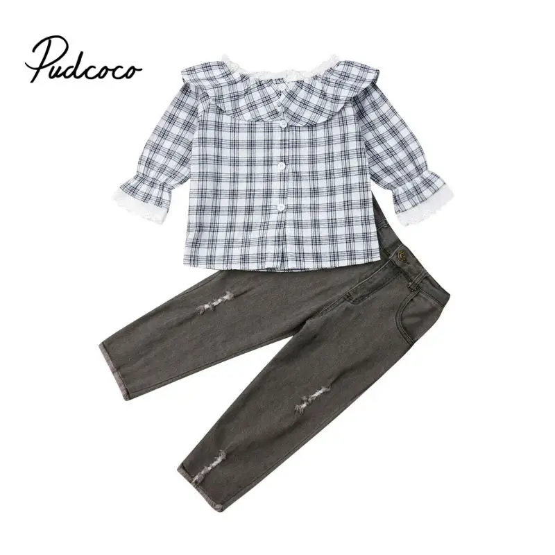 

2-7T Toddler Kid Baby Girl Children Autumn Clothes Sets Plaid Long Sleeve Tops Long Pants Jeans 2pcs Outfit Tracksuit