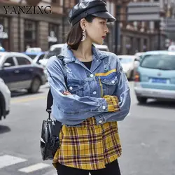 2019 джинсовая куртка женская весна и осень новая строчка решетки отверстие Свободный корейский длинный рукав F177