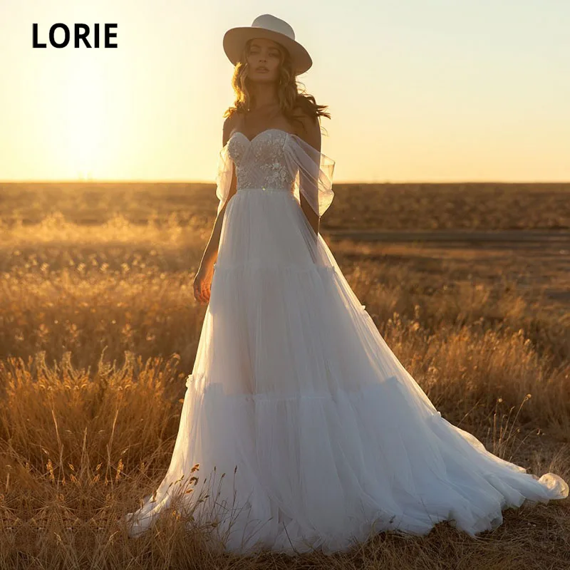 

LORIE богемные Свадебные платья с открытыми плечами аппликации трапециевидной формы с оборками Тюль Белый цвет слоновой кости в стиле бохо простое свадебное платье для невесты