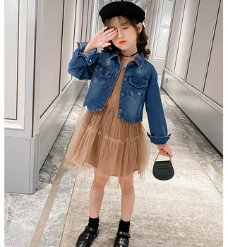 

Teen clothing 2020 new spring and autumn girls suits denim jacket children's autumn princess dress + denim short jacket sets