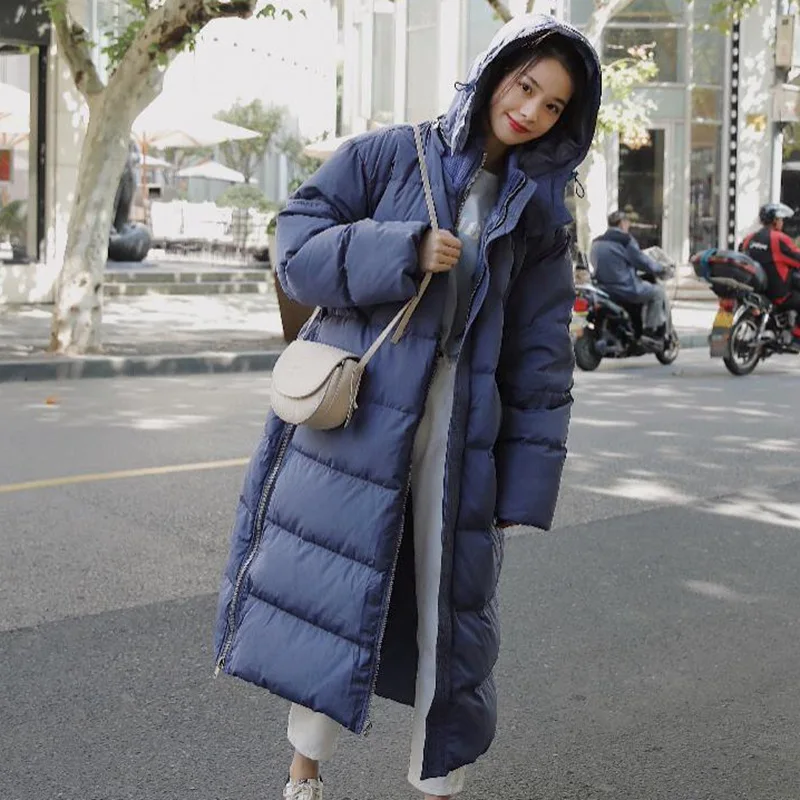 

Photo Shoot 2018 Winter CHIC Blue Long Hooded Deconstructable down Coat Stand Collar Side Zipper Slit Cotton-padded Clothes Wome