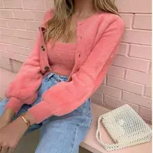 2 шт. Повседневный Женский вязаный Пушистый кардиган с длинным рукавом, свитер, женский розовый тонкий короткий свитер на пуговицах, топы размера плюс S-Xl