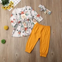 Осенняя одежда для маленьких девочек пуловер с длинными рукавами и цветочным принтом топы с круглым вырезом, однотонные штаны повязка на голову с бантом, 3 предмета, милая одежда