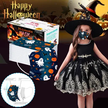 

50PCS Halloween Disposable Mask Children Non-woven Fabric Mouth Mask Cartoon Printed Face Shield For Kid Masques Jetables