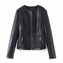 WT929 европейский дизайн с круглым вырезом тонкая талия боковая молния деко черный цвет pu кожаная куртка женская шикарная куртка