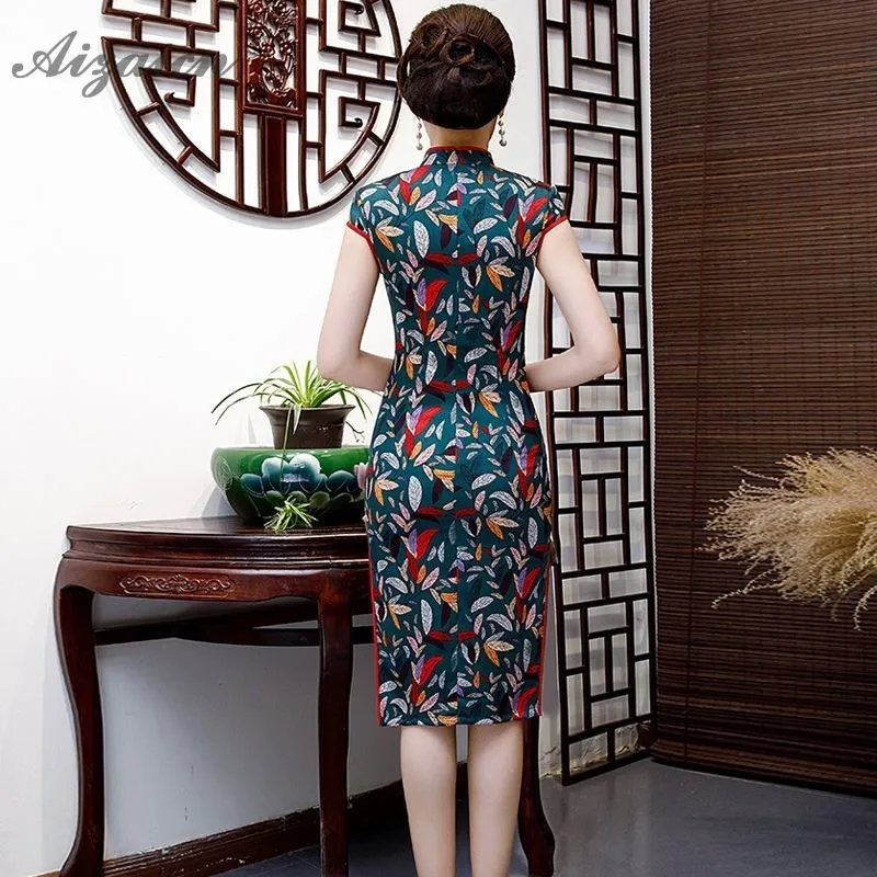 Летнее Новое аналогичное шелковое ретро платье Cheongsam длинное тонкое Повседневное платье в восточном стиле с принтом Qi Pao Китайская традиционная одежда Qipao