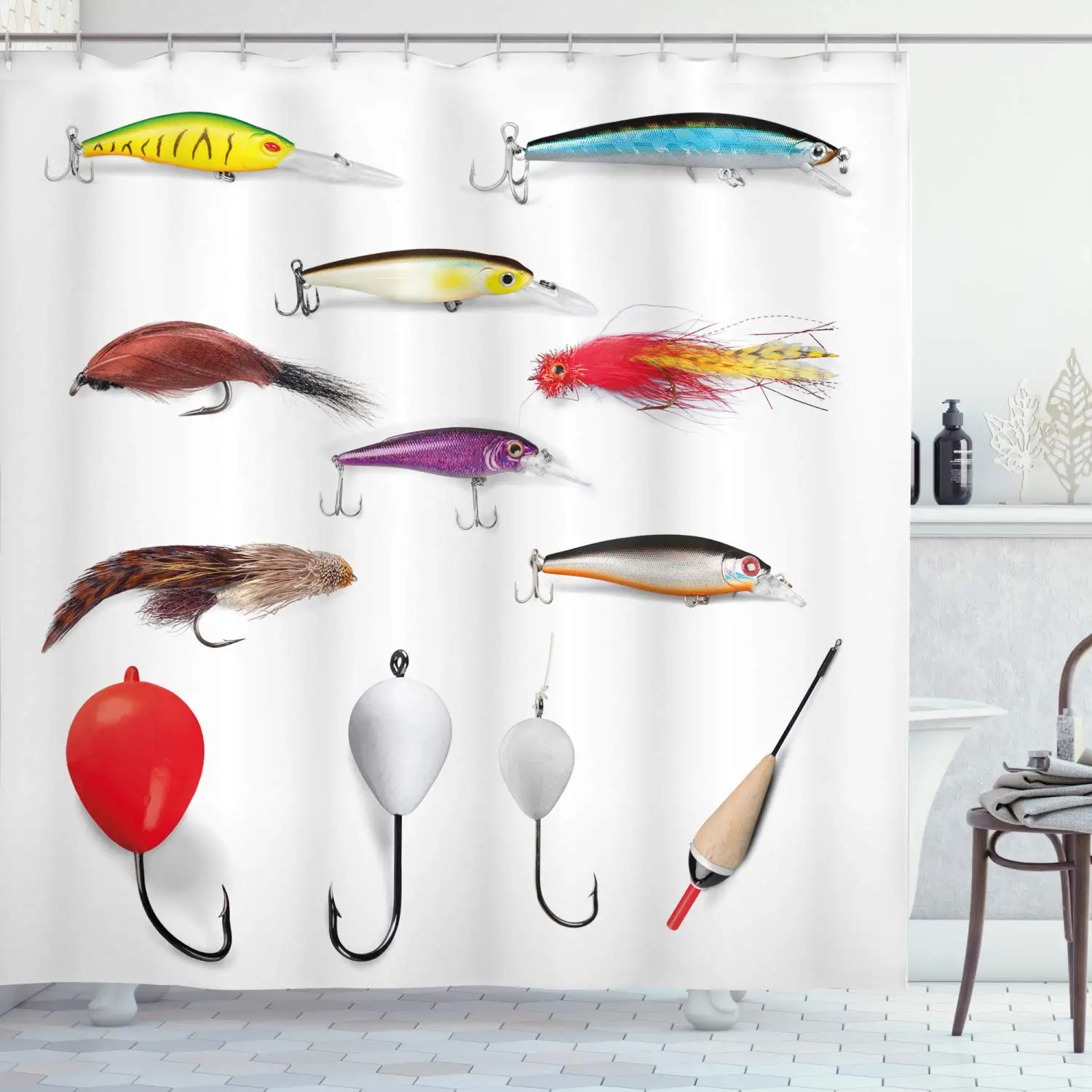 

Fishing Decor Shower Curtain by, Netting Materials with Swivel Sinkers Fly Rods Floats Gaffs Recreational Pastime, Fabric