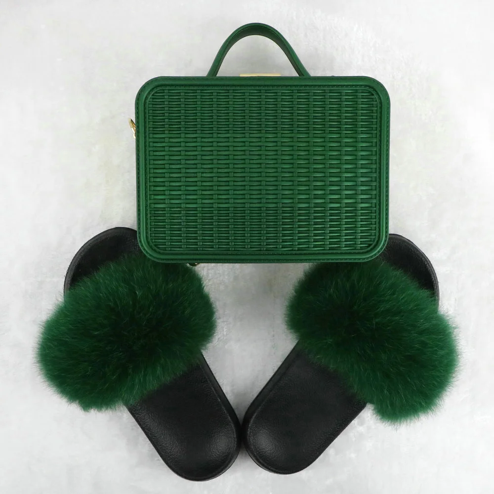 New Fashion Real Fox Fur Slippers for Women Customzed Plush Fur Slides Solid Color Female Hand Bags Sets - Цвет: Set 08