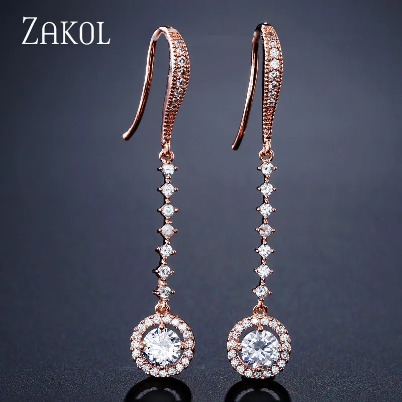 Rose Gold Color ZAKOL, модные круглые серьги с цирконием и кристаллами, длинные серьги с крючками для женщин, вечерние ювелирные изделия для помолвки, букле D'oreille Femme Bijoux FSEP2209 - Окраска металла: Rose Gold Color