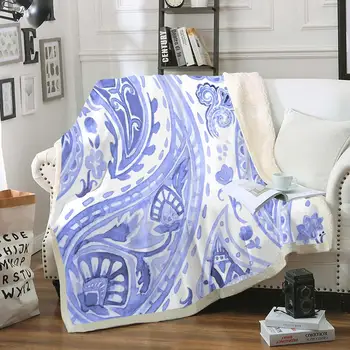 

Paisley Blanket Blue Throw Blanket Water Color Sherpa Fleece Blanket Artical Style Soft Warm Plush Blanket For Kids Girls