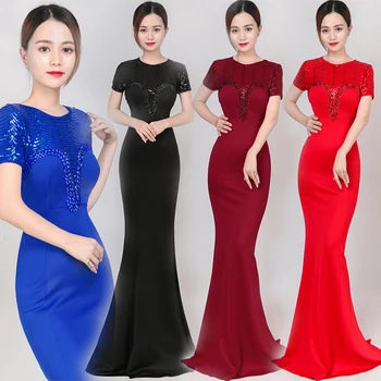

Evening Dress Elegant O-neck Sequin Robe De Soiree 2019 Back Formal Gowns Crystal Floor-length Mermaid Women Party Dresses C217