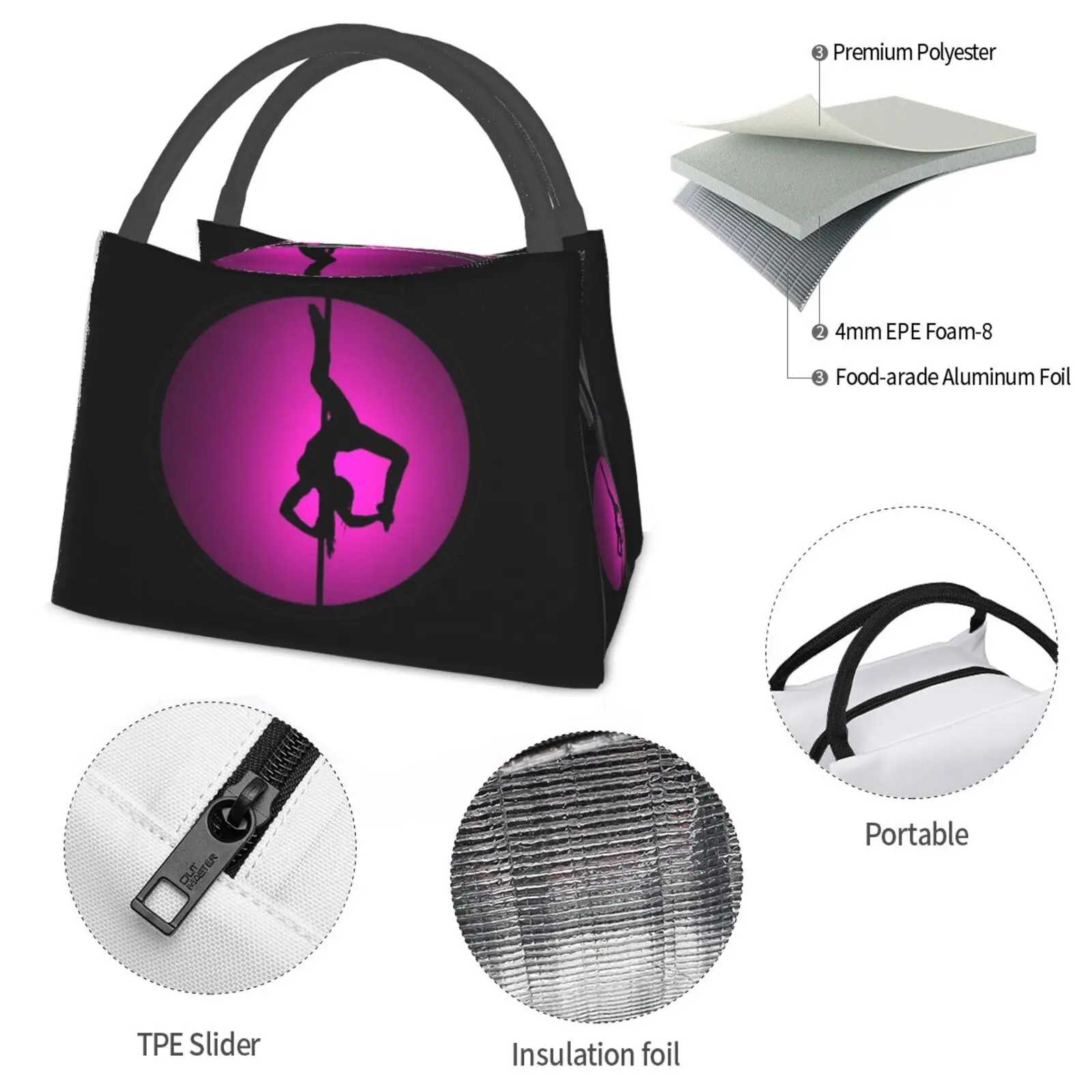 Portable Insulation Bag Pole Fitness Dancer Pole Dance Dancer Fitness Fit Workout Pink Girl Woman Silhouette