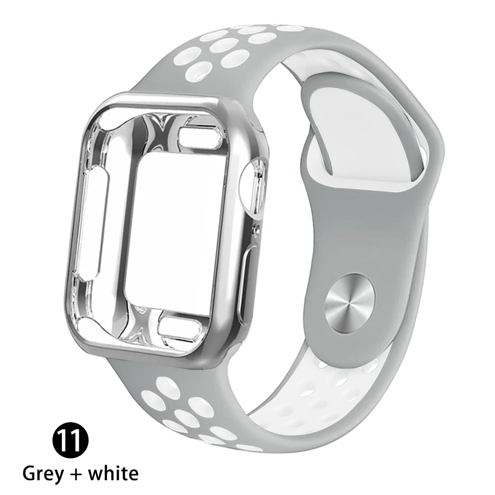Силиконовый спортивный ремешок+ чехол для apple watch 5 4 3 2 1 серия 38 мм 42 мм ремешок для iwatch 40 мм 44 мм браслет аксессуары для запястья - Цвет ремешка: Grey and white