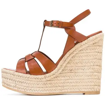 

Wedge Sandals High Heeled Shoes Roman Braided Wrapped Heel Strappy Pumps T-bar Strap Spring Summer Party Shoes Brown Black White