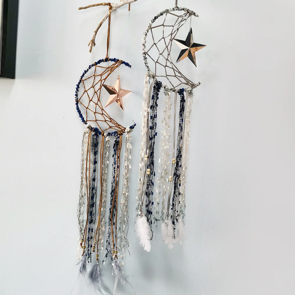 Amazon Hot Selling Moon Dreamcatcher Pendant Five-pointed Star Feather Handmade Dreamcatcher Wind Chime Home Decoration Ornament