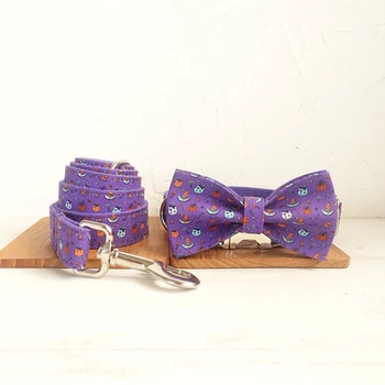 

Purple Halloween dog collar and leash set with bow tie for big and small dog cotton fabric collar metal buckle