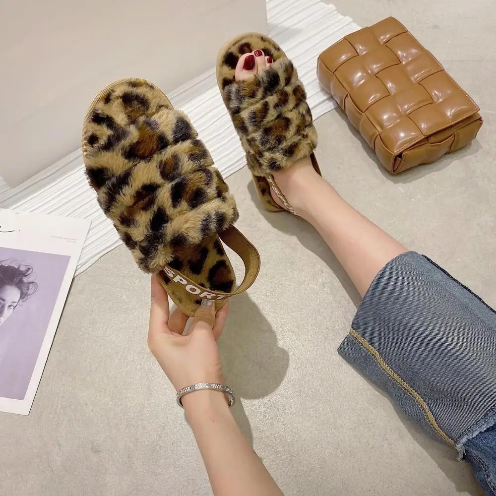 

Women's Slippers Winter Warm Shoes Leopard Thick-soled Wedge Heel Slide Home Women's Faux Fur Comfortable Non-slip Slip Slippers