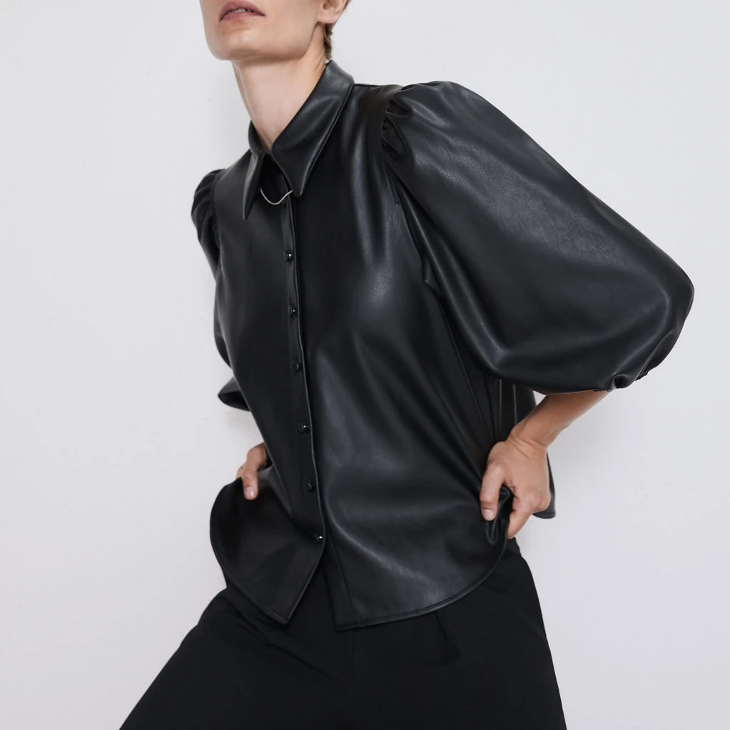 

2019 Autumn New Imitation Leather Black Blouse Office Lady Personality Fashion Three Quarter Button Solid Womens Tops