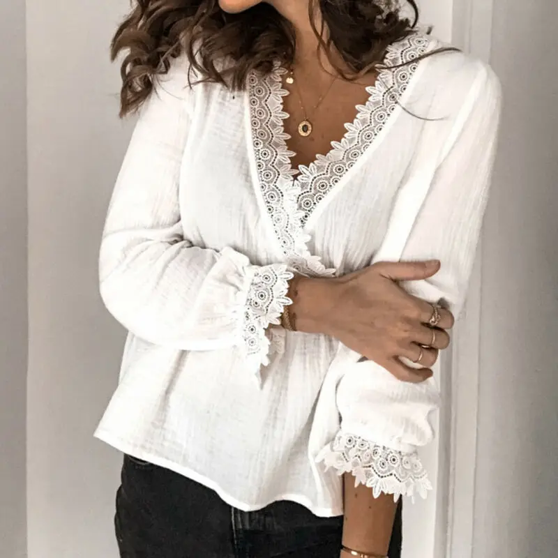 Womens Blouse Lace Shirt Elegant Women's Long Sleeve V-neck T-shirt Tops Casual Solid Loose Basic Office ladies Blouse Shirt Tee