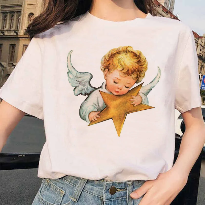 Angel 90s модная футболка женская Kawaii печать с коротким рукавом o-образным вырезом Футболка винтажная мода Ullzang футболки с забавным принтом женская