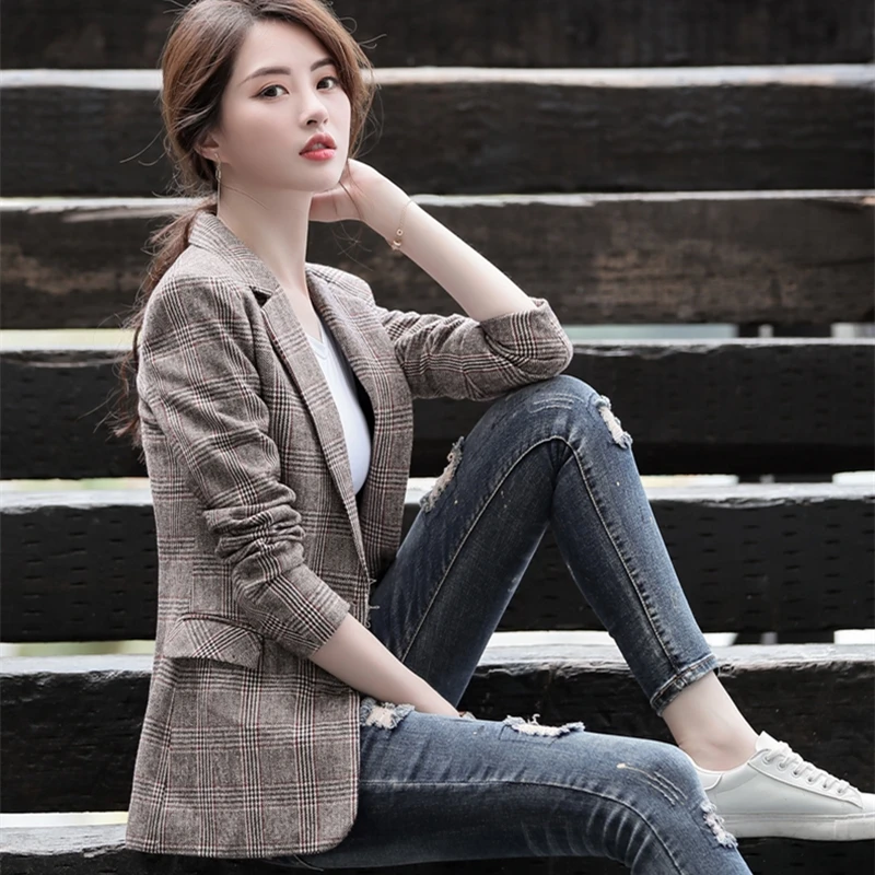 

Women Blazers and Jackets Plus Size 2020 Autumn Plaid Retro Vintage Blazer Korean Style Slim Long Sleeve Lady Office Suits S-4XL