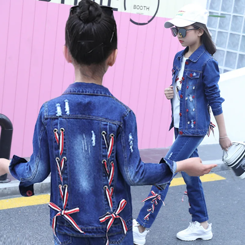 

Fashion Design Bandage Design Jean Jacket Kids Cowboy Outfit Child Ribbon Denim Clothing for Girls Single Jacket