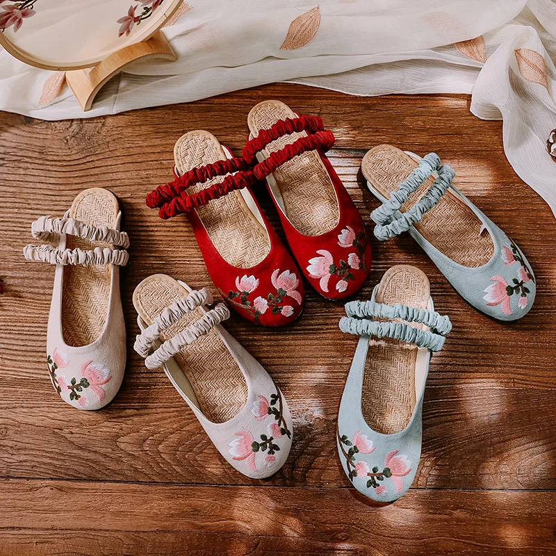 Женские шлепанцы Hanfu с вышивкой сандалии плоской подошвой из хлопка и льна