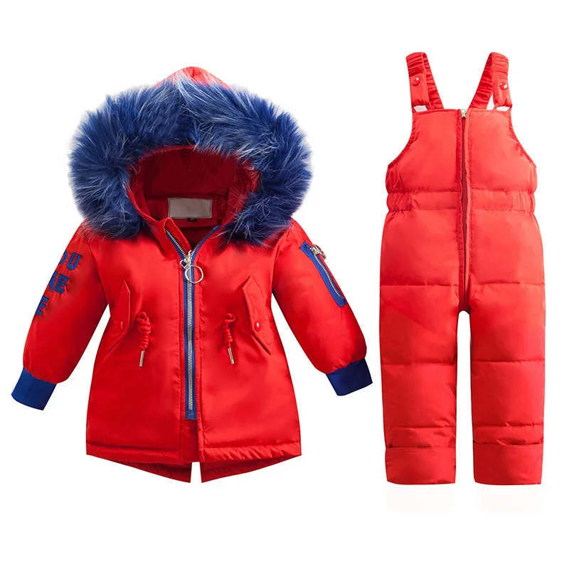 Комплекты детской одежды зимний теплый детский лыжный костюм с натуральным мехом на утином пуху для девочек, детский лыжный костюм, зимний пуховик для мальчиков+ комбинезон - Цвет: red