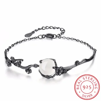 

Moonstone Plum Flower Bracelet 925 Sterling Silver Link Chain Armband Women Thornbush Branch Bracelet Femme Cuff Wristband SB033