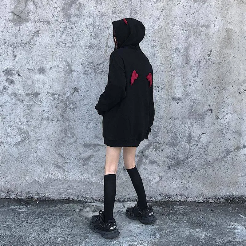 Осенняя теплая толстовка с капюшоном Женская мода Harajuku дьявол крыло Лоскутная Толстовка Женская Повседневная Уличная одежда Япония Топы