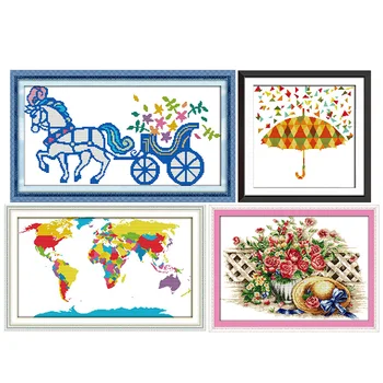 

Carriage&world map&lower hat&colorful umbrella 11CT 14CT counted cross stitch kits printed patterns sewing needlework embroidery