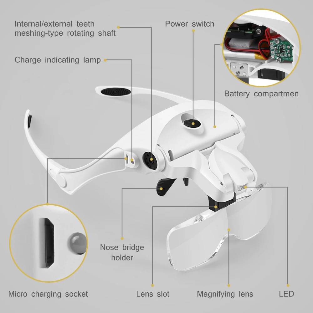 Magnifying Glasses Rechargeable LED Light Lamp Head Loupe Headband Magnifier Eyewear Glasses Tool Repair Reading Magnifier