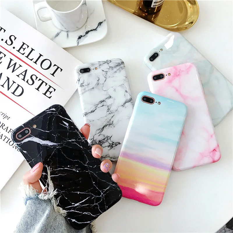 

Glossy Texture Mobile Shell TPU Cases Cover For iPhone 6 6S 7 8 Plus X Soft Marble Stone Image Painted case Cover Mobile Phone