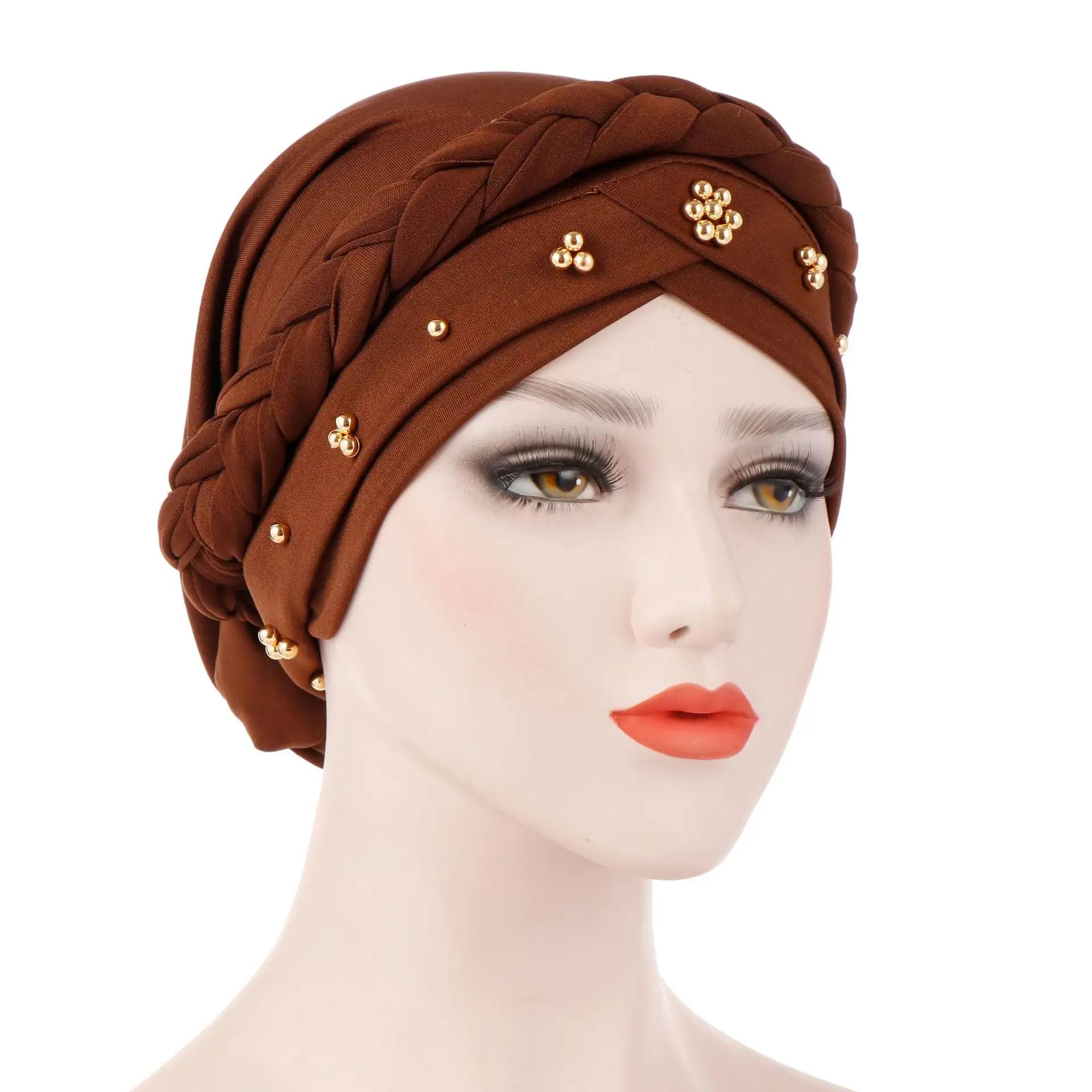 

New European And American Spring And Autumn Muslim Toque Qmilch Monochrome Beads Whip Turban Hat