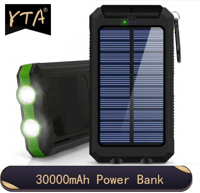 Dual USB powerbank 30000mAh Solar Power Bank Waterproof Battery External Portable Charging with LED Light 2USB powerbank