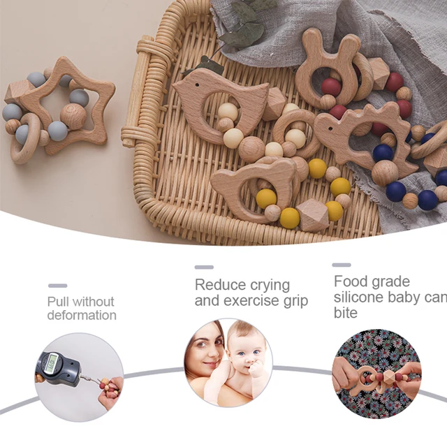 1PC Baby Wooden Teething Bracelet Star Bird Wooden Rodent Pendant Ring Gym BPA Free Montessori Beads For Kids Goods Natural Toys 2