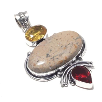 

Genuine Leopard Skin Jaspers & Citrine + Garnet Pendant Silver Overlay over Copper , Hand made Women Jewelry Gift