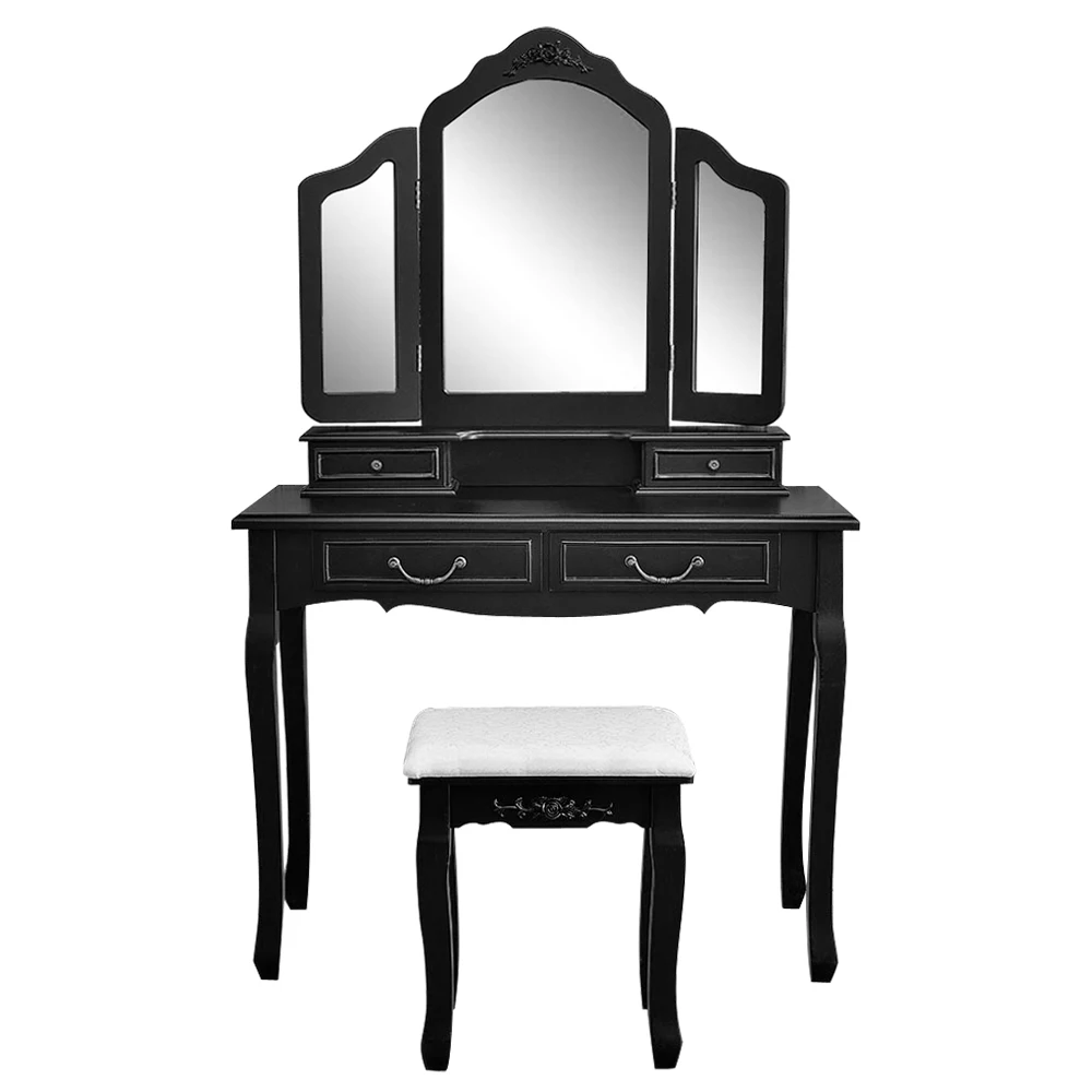 Makeup Vanity with 4 Drawers,Vanity Table Set w/Tri fold Mirror Girls
