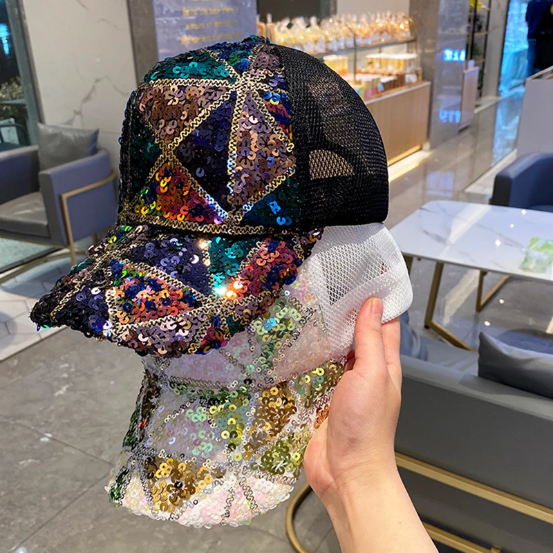 

Hat female color sequins baseball cap summer breathable mesh yarn cap Snapback youth travel shopping sun hat