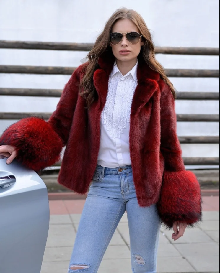 Hot Sale Natural Mink Fur Women Real Mink Fur Coat Long Fur Sleeve Lapel Collar Luxury Mink Fur Coat Winter Jacket MKW-089