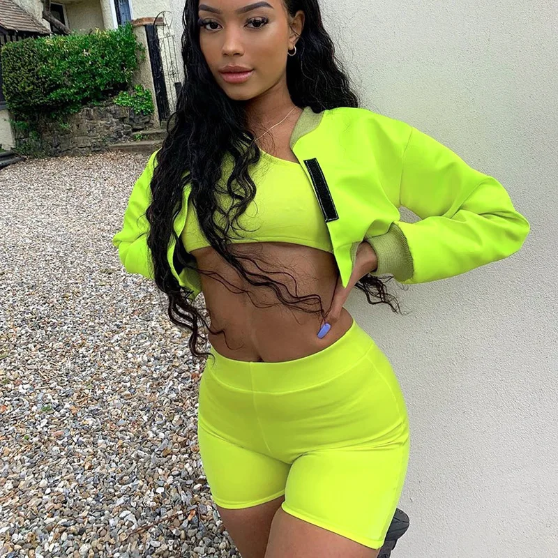 buy  New 2019 Autumn Winter Women Neon Jacket Long Sleeve Coats Crop Top Clothes Streetwear Casual Festi