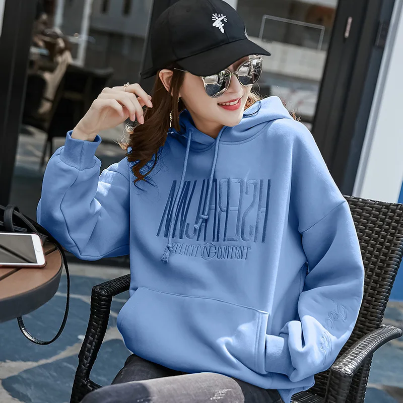 velvet 0048 blue Толстовки женские толстые плюс бархатные теплые мягкие с буквенным принтом корейские большие желтые худи пуловеры с карманами женские толстовки - Цвет: velvet 0048 blue