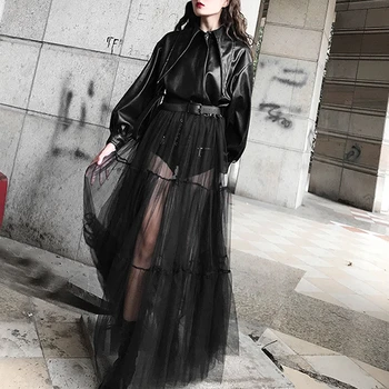 

2020 new spring High quality PU Leather Jacket women Patchwork Sexy Lace Up Lantern High Waist belt leather Coat Female PY120