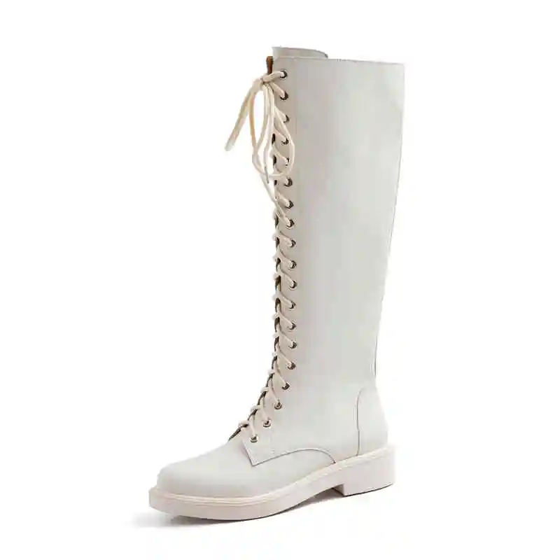 white with fur ASUMER/ г. Новые ботинки из натуральной кожи однотонные сапоги для верховой езды на шнуровке с круглым носком и квадратным каблуком белые женские сапоги до колена - Цвет: white with fur