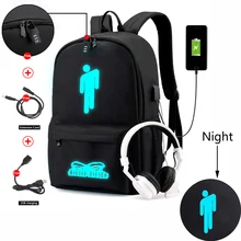 Холщовый светящийся водонепроницаемый Billie Eilish Противоугонный ноутбук DJ рюкзак с usb-портом для мальчиков и девочек студенческий школьный рюкзак MenWomenbag