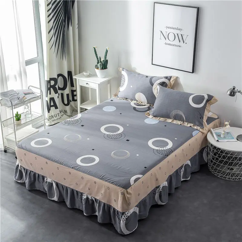 Green and white striped cotton single double bed skirt printed bed cover cartoon sheets bedding set