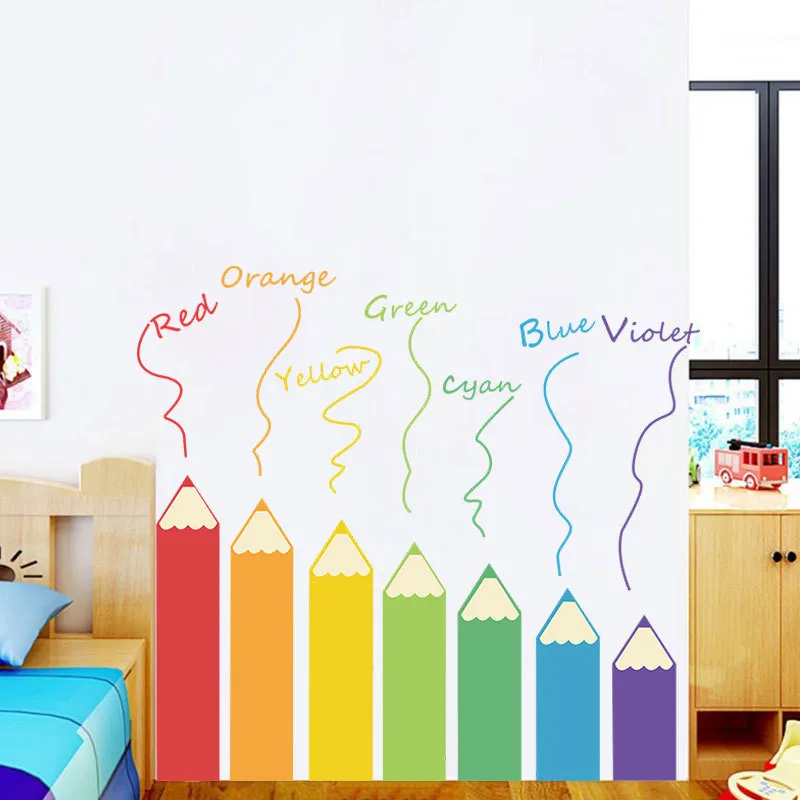 1 шт., Мультяшные цветные наклейки на стену в виде карандаша для детского сада, учебник, класс, настенные самоклеящиеся наклейки для рисования, обои, забавные наклейки