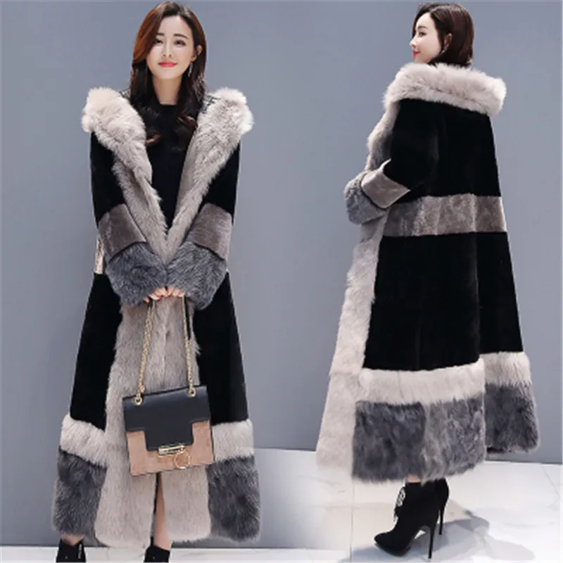 Осенне-зимнее утепленное пальто из искусственного меха с капюшоном Женская