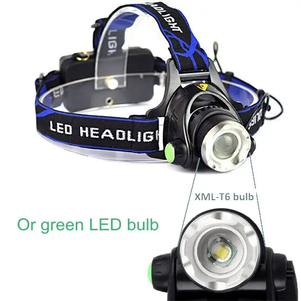 TOPCOM LED Headlamp USB Rechargeable 10W XML T6 Green or White Light Head Torch Flashlight Lantern For Hunting